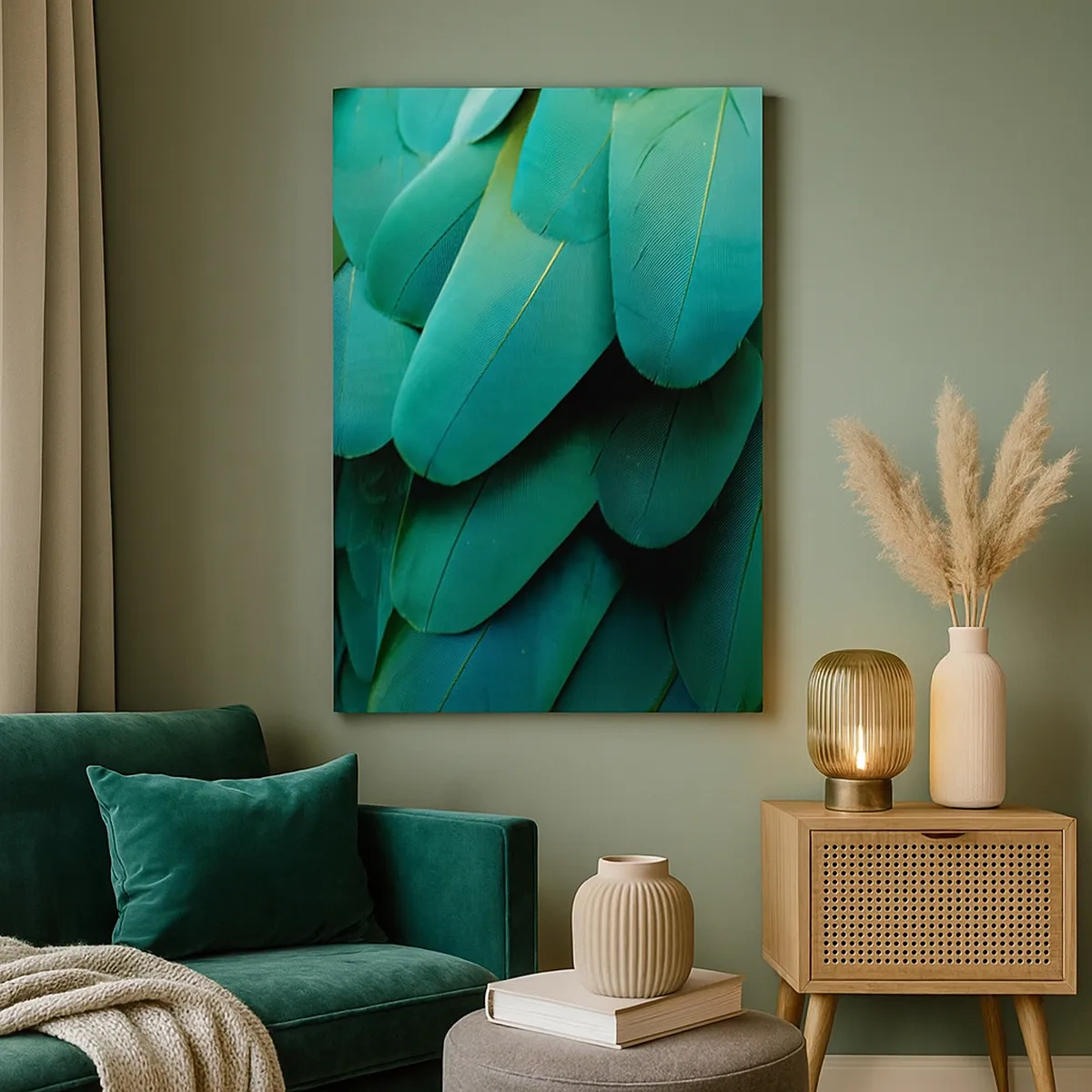 Impression sur toile - Image sur toile - Détail de plumes dans des tons de vert - 50x70cm - Perfection de la nature du perroquet - Décoration murale moderne pour le salon et la chambre ARTTOR