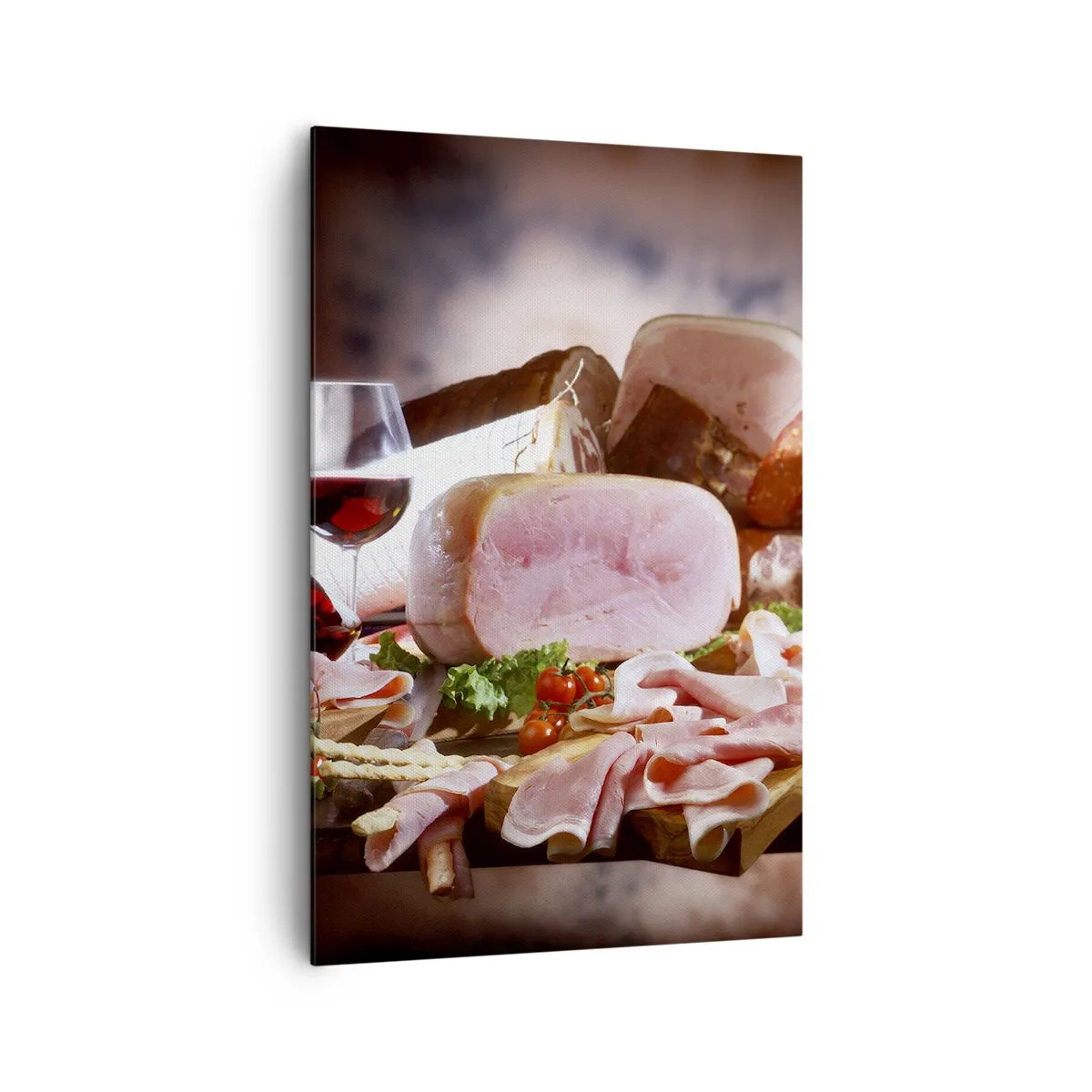 Impression sur toile - Image sur toile - Charcuterie au vin sur fond rustique - 80x120cm - Un rêve culinaire avec une carafe - Décoration murale moderne pour le salon et la chambre ARTTOR