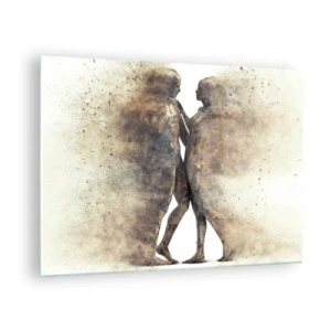 Impression sur verre - Image sur verre - Silhouettes abstraites de deux personnages dans un style poussiéreux - 70x50cm - Ils sont sortis de la poussière pour aimer - Décoration murale moderne pour le salon et la chambre ARTTOR