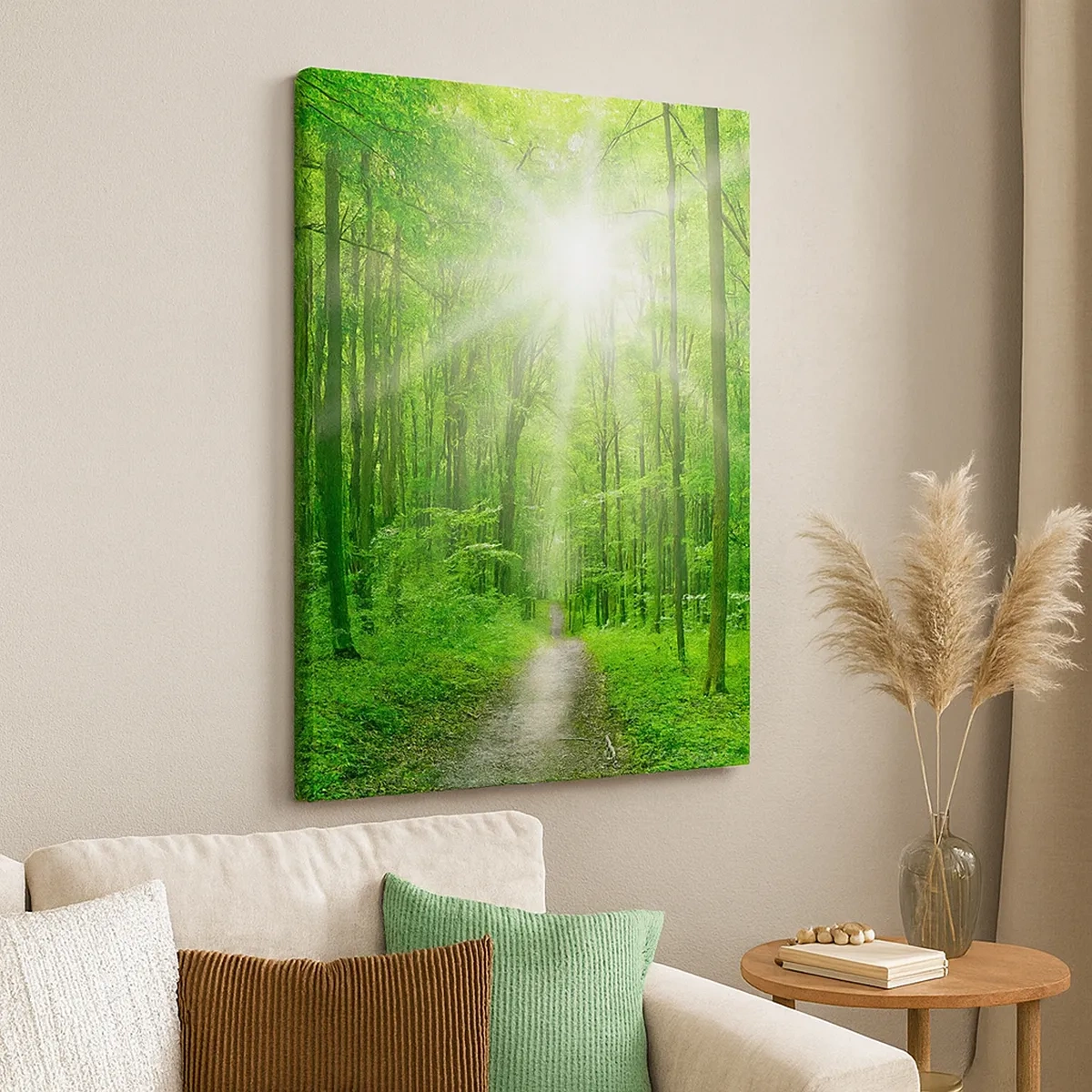 Impression sur toile - Image sur toile - Chemin dans la forêt avec les rayons du soleil - 50x70cm - Cathédrale verte - Décoration murale moderne pour le salon et la chambre ARTTOR