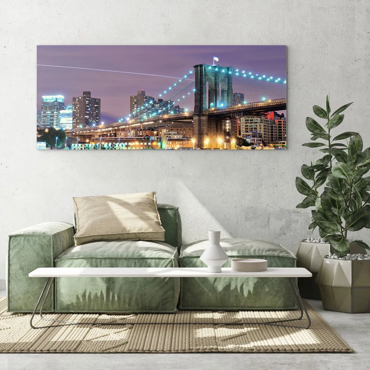 Impression sur verre - Image sur verre - Le pont de Brooklyn la nuit avec la ville illuminée en arrière-plan - 160x50cm - Depuis de nombreuses années le pont de Brooklyn - Décoration murale moderne pour le salon et la chambre ARTTOR