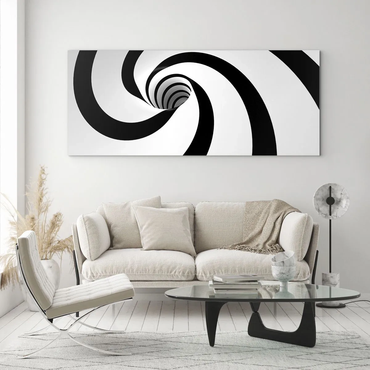 Impression sur verre - Image sur verre - Spirale abstraite noire et blanche avec un effet tourbillonnant - 140x50cm - Céder au vortex ? - Décoration murale moderne pour le salon et la chambre ARTTOR