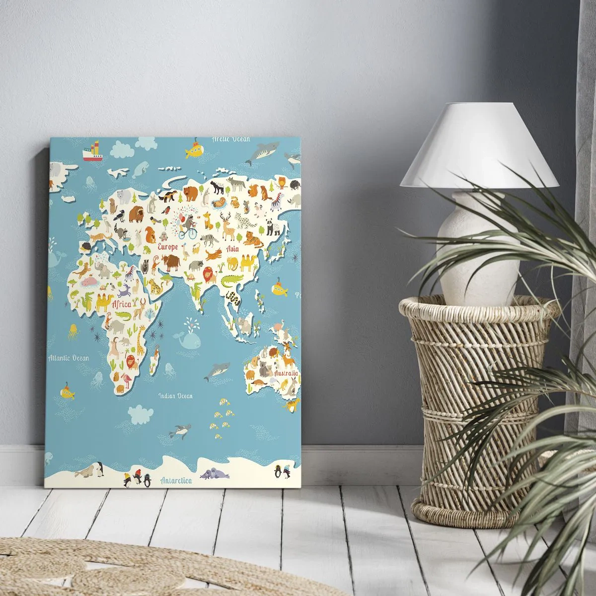 Impression sur toile - Image sur toile - Carte du monde colorée avec des illustrations d'animaux - 70x100cm - Nous aimons le monde entier - Décoration murale moderne pour le salon et la chambre ARTTOR