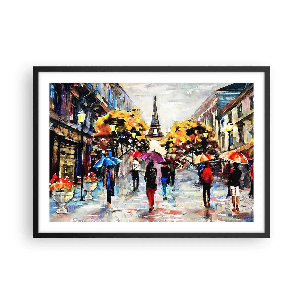Affiche dans un cadre noir - Poster - Une promenade d'automne à Paris avec vue sur la Tour Eiffel - 70x50cm - Particulièrement beau en automne - Décoration murale moderne pour le salon et la chambre ARTTOR