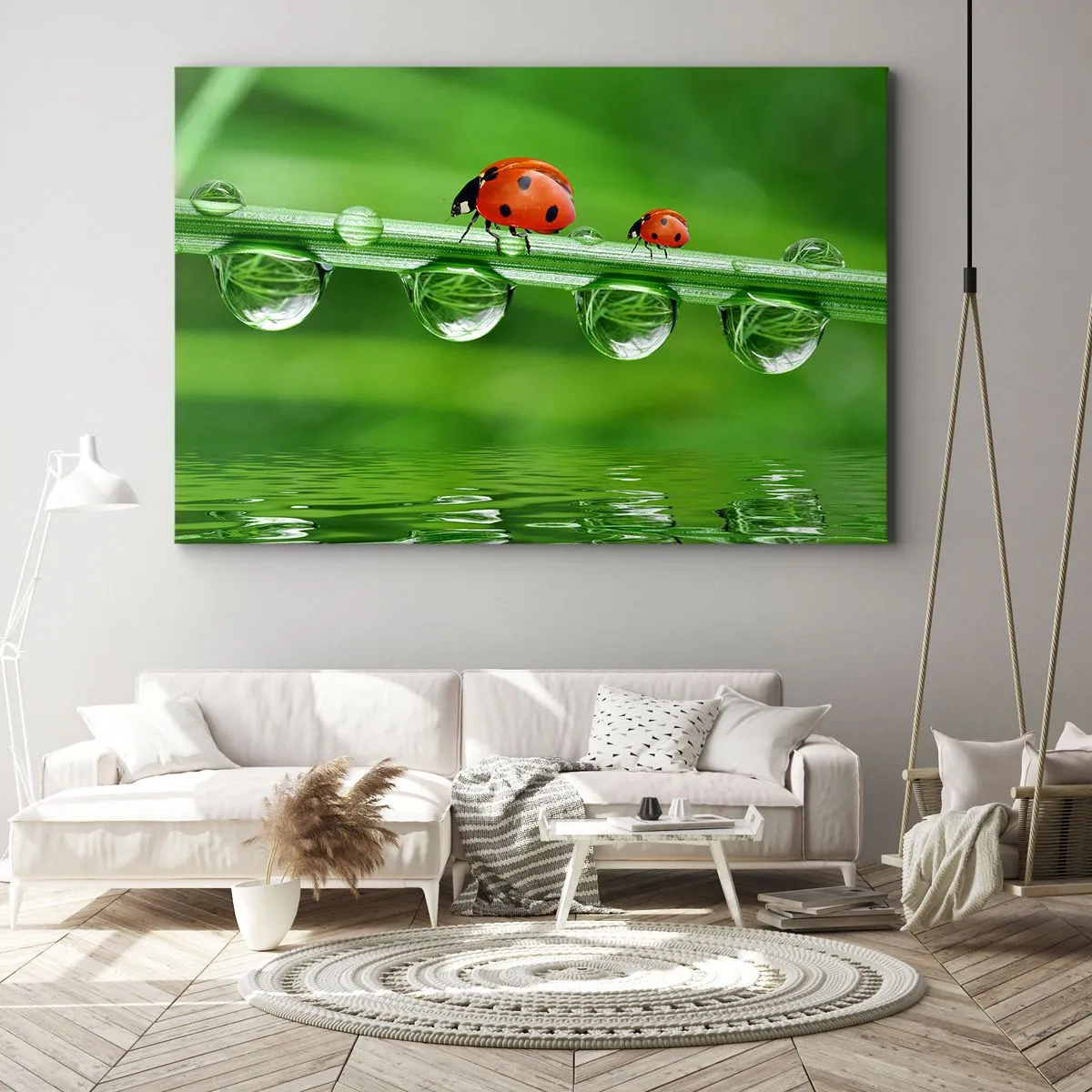 Impression sur toile - Image sur toile - Coccinelles sur un brin d'herbe avec des gouttes de rosée dans un cadre naturel - 70x50cm - Sur la route tout l'été - Décoration murale moderne pour le salon et la chambre ARTTOR