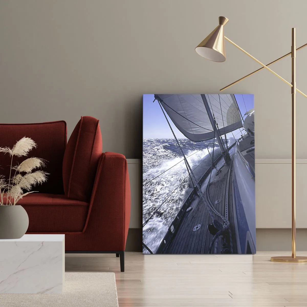 Impression sur toile - Image sur toile - Un voilier dans une mer agitée avec des voiles blanches et un pont en bois. - 50x70cm - Je sais ce que c'est d'être un oiseau - Décoration murale moderne pour le salon et la chambre ARTTOR