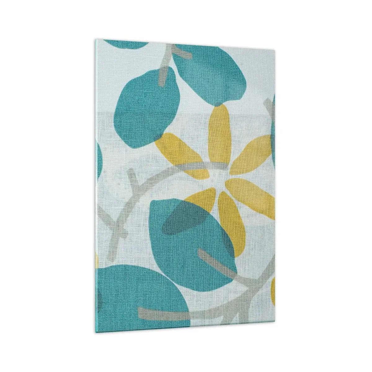 Impression sur verre - Image sur verre - Feuilles aux tons turquoise et jaune sur fond clair - 70x100cm - Wśród lazurowych liści - Décoration murale moderne pour le salon et la chambre ARTTOR