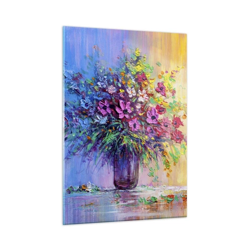 Impression sur verre - Image sur verre - Un bouquet de fleurs colorées dans un vase sur un fond abstrait - 50x70cm - Cadeau d'été de la prairie - Décoration murale moderne pour le salon et la chambre ARTTOR