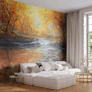 Papier Peint Photo Standard Eco - Paysage d'automne avec une rivière et des arbres dorés - 100x70cm - Le ruisseau d'or - Décoration murale moderne pour le salon et la chambre ARTTOR
