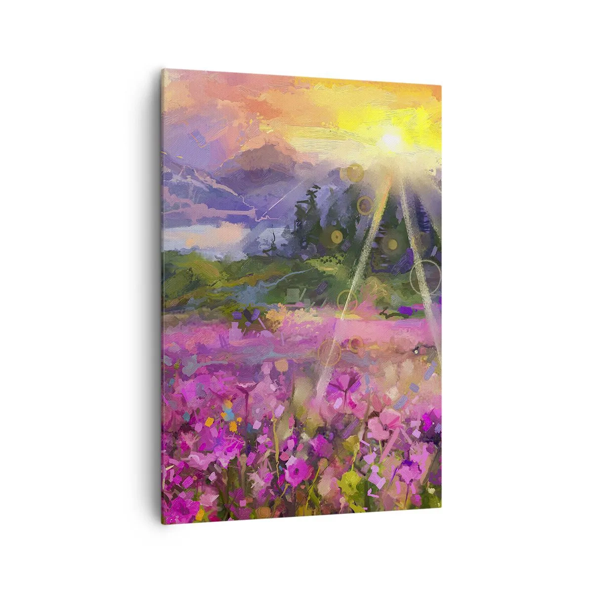 Impression sur toile - Image sur toile - Une prairie pittoresque sous les rayons du soleil couchant - 70x100cm - Dans la vallée à l'abri du soleil - Décoration murale moderne pour le salon et la chambre ARTTOR