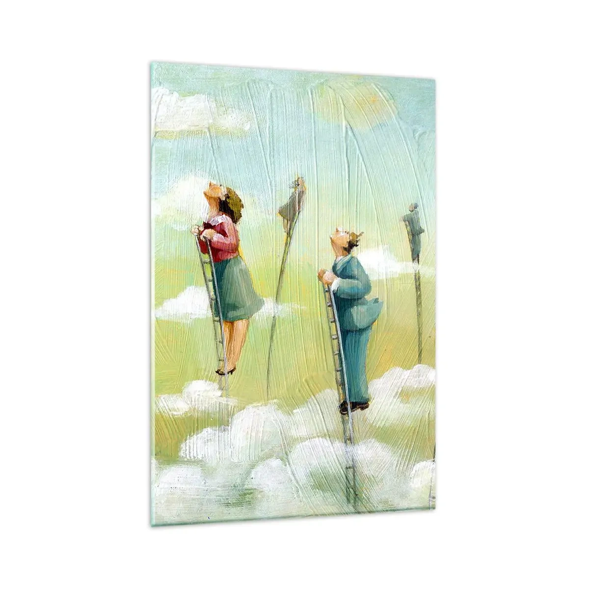 Impression sur verre - Image sur verre - Personnages grimpant sur des échelles parmi des nuages sur un fond pastel. - 80x120cm - Derrière ton rêve - Décoration murale moderne pour le salon et la chambre ARTTOR