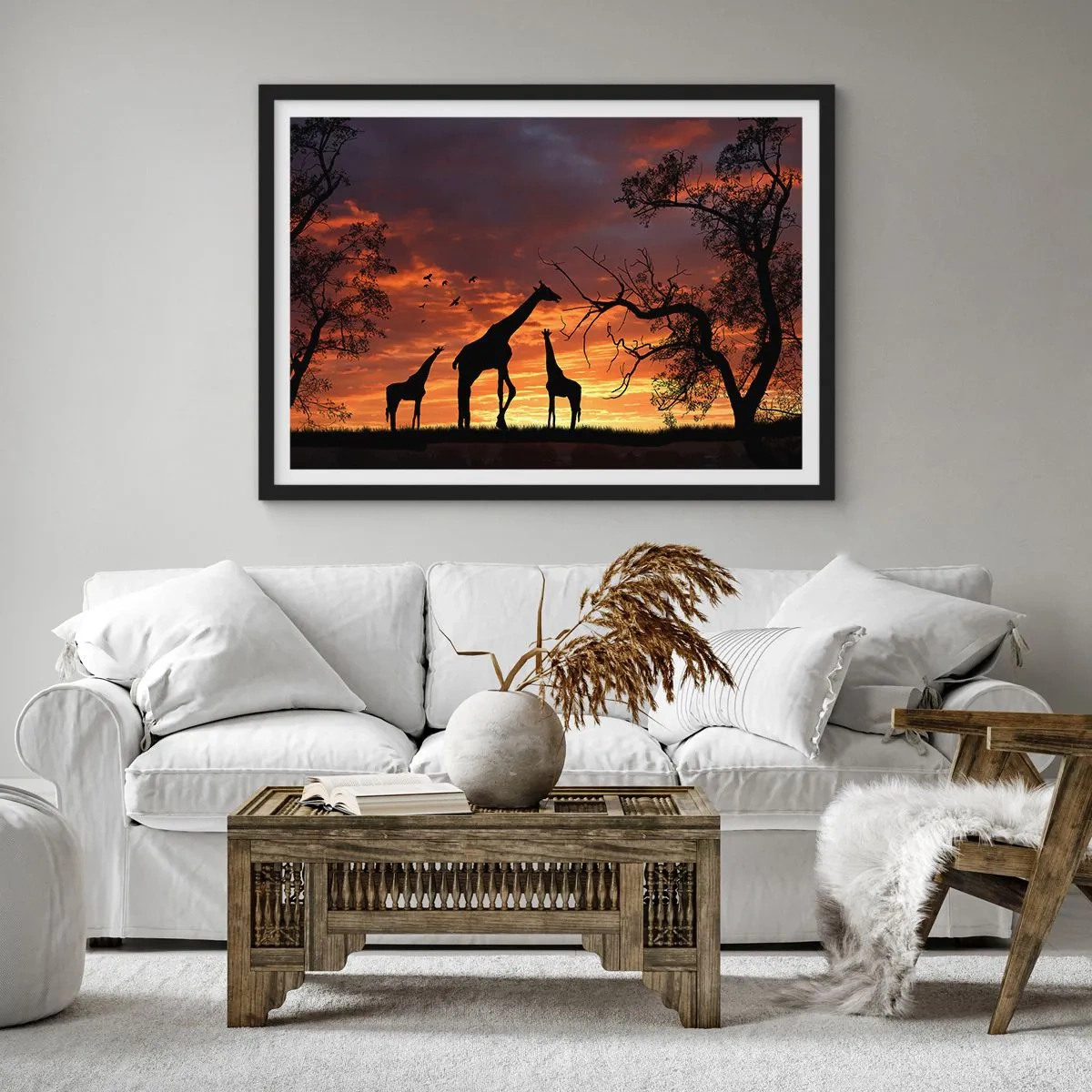 Affiche dans un cadre noir - Poster - Silhouettes de girafes sur fond de coucher de soleil africain - 70x50cm - Un petit dîner avec vos proches - Décoration murale moderne pour le salon et la chambre ARTTOR