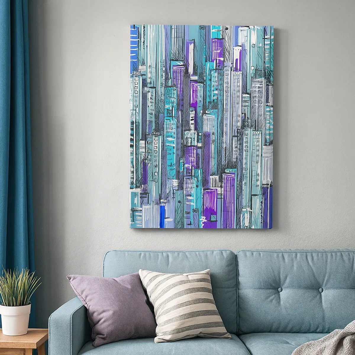 Impression sur toile - Image sur toile - Illustration d'une ville avec des bâtiments géométriques dans des tons de bleu et de violet. - 50x70cm - Bleuâtre avec le ciel - Décoration murale moderne pour le salon et la chambre ARTTOR