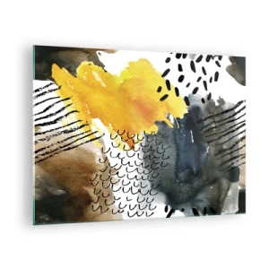 Impression sur verre - Image sur verre - Une composition abstraite avec des taches et des lignes aux couleurs terreuses. - 70x50cm - Rencontre des éléments - Décoration murale moderne pour le salon et la chambre ARTTOR