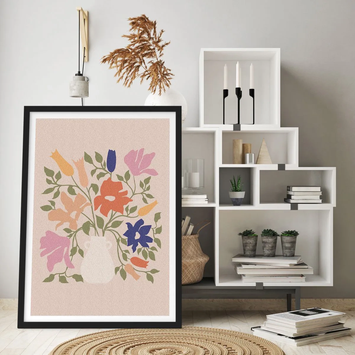 Affiche dans un cadre noir - Poster - Un bouquet de fleurs colorées dans un vase clair sur fond beige - 50x70cm - Bouquet délicat - Décoration murale moderne pour le salon et la chambre ARTTOR