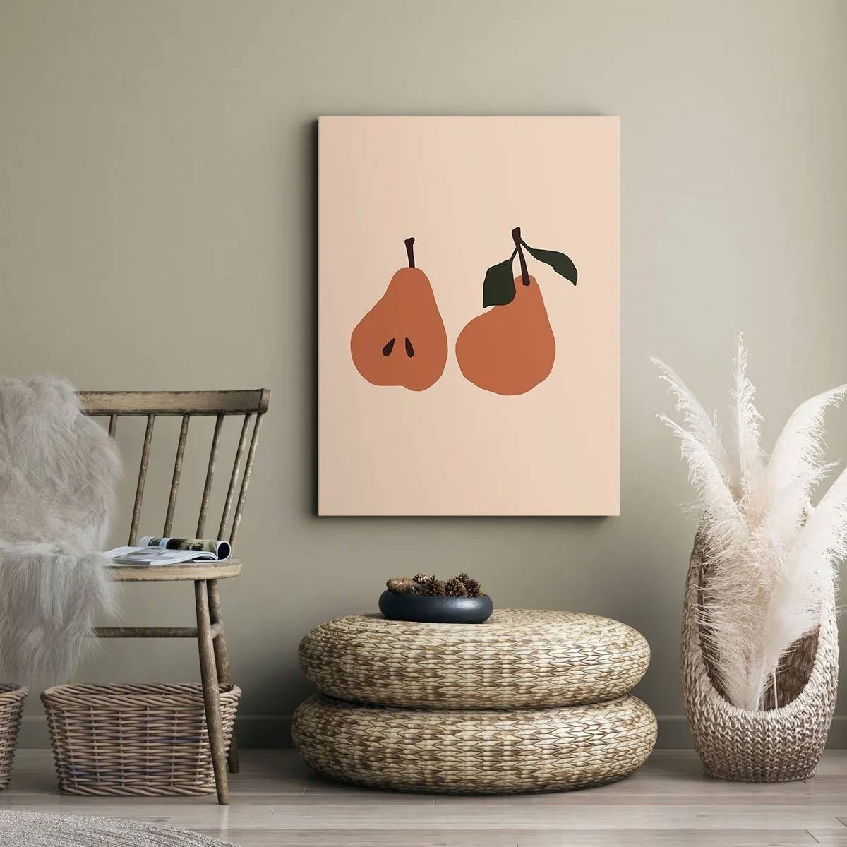 Impression sur toile - Image sur toile - Une illustration minimaliste de deux poires sur fond beige. - 70x100cm - La douceur elle-même - Décoration murale moderne pour le salon et la chambre ARTTOR