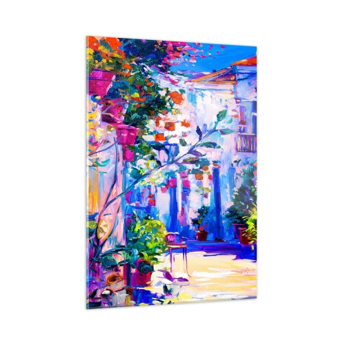 Impression sur verre - Image sur verre - Une rue colorée avec des plantes fleuries et de la lumière - 50x70cm - Impression - une rue italienne - Décoration murale moderne pour le salon et la chambre ARTTOR
