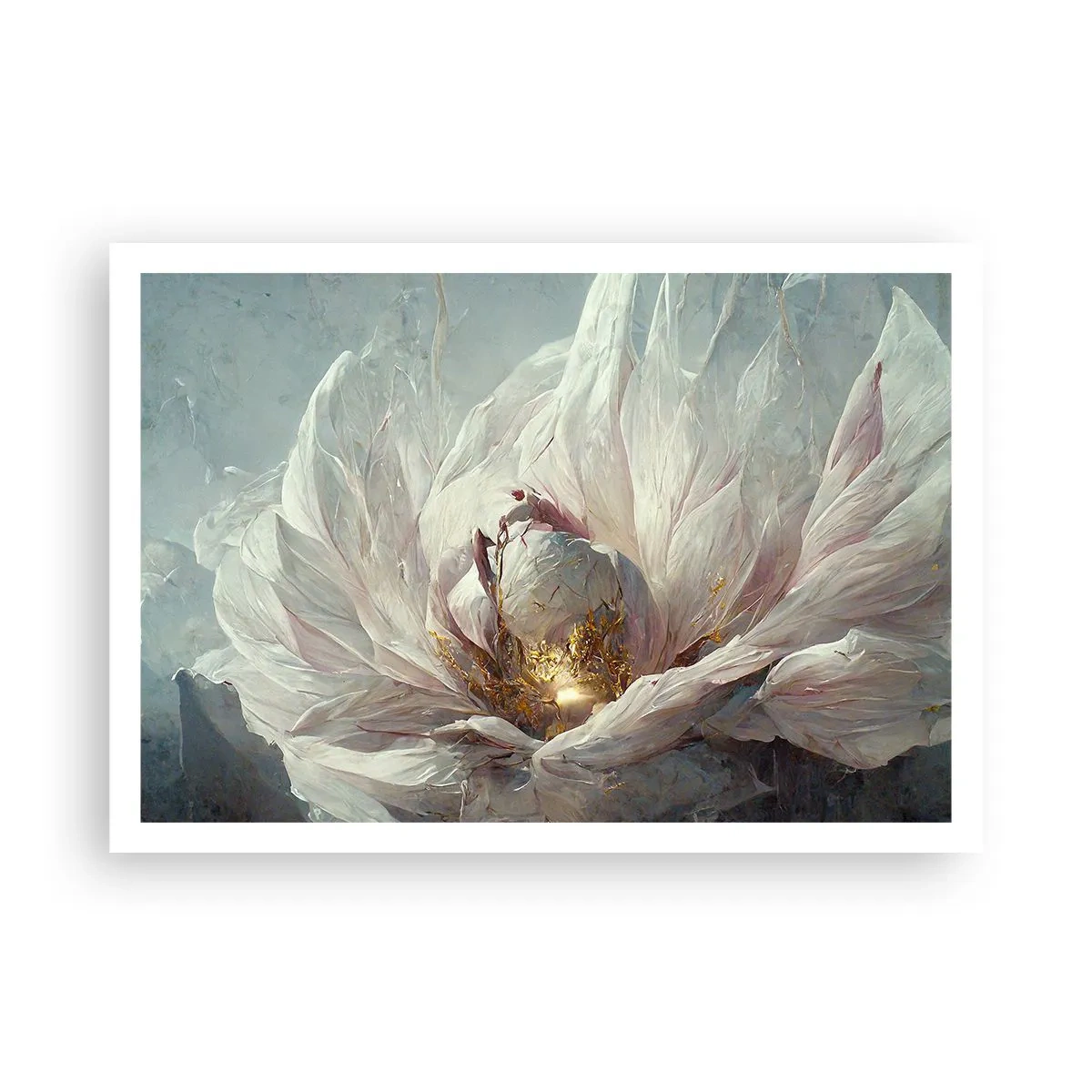 Affiche - Poster - Une fleur blanche délicate avec de subtils accents dorés - 100x70cm - Il fleurit une fois tous les cent ans - Décoration murale moderne pour le salon et la chambre ARTTOR