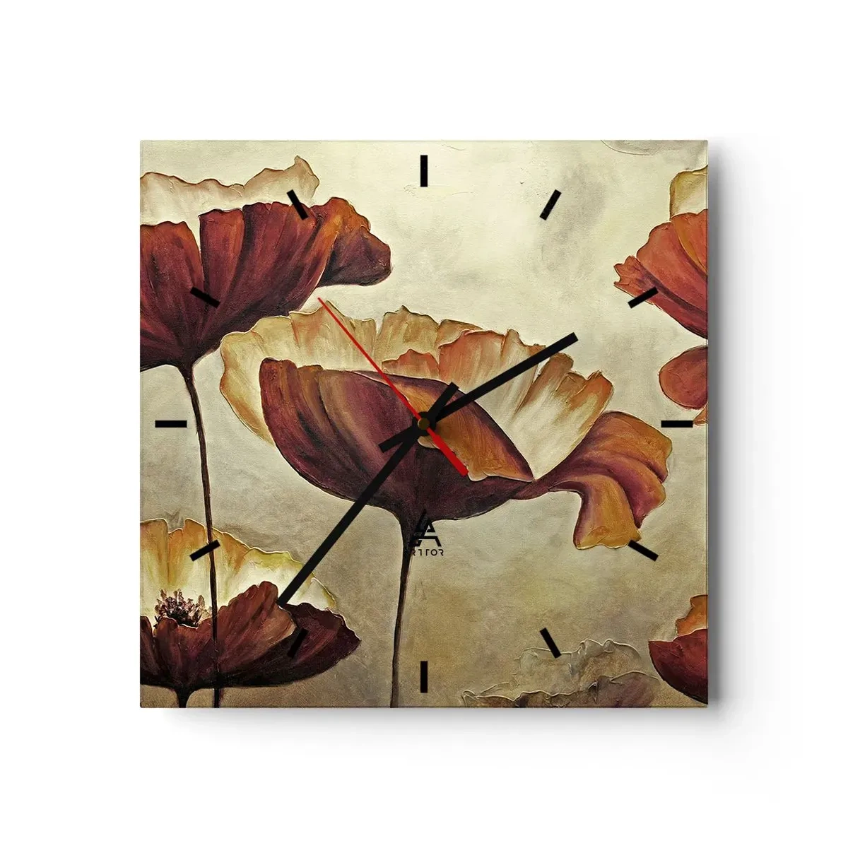 Horloge murale - Pendule murale - Fleurs subtiles dans des tons de rouge et d'or sur un fond clair - 30x30cm - À la lisière des champs - Décoration murale moderne pour le salon et la chambre ARTTOR