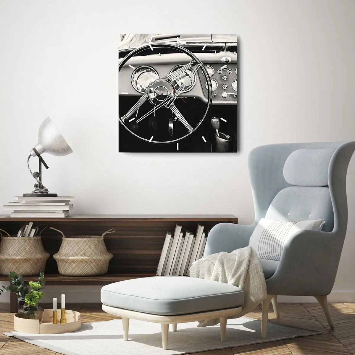 Horloge murale - Pendule murale - Intérieur de voiture classique noir et blanc - 30x30cm - Rêve de collectionneur - Décoration murale moderne pour le salon et la chambre ARTTOR