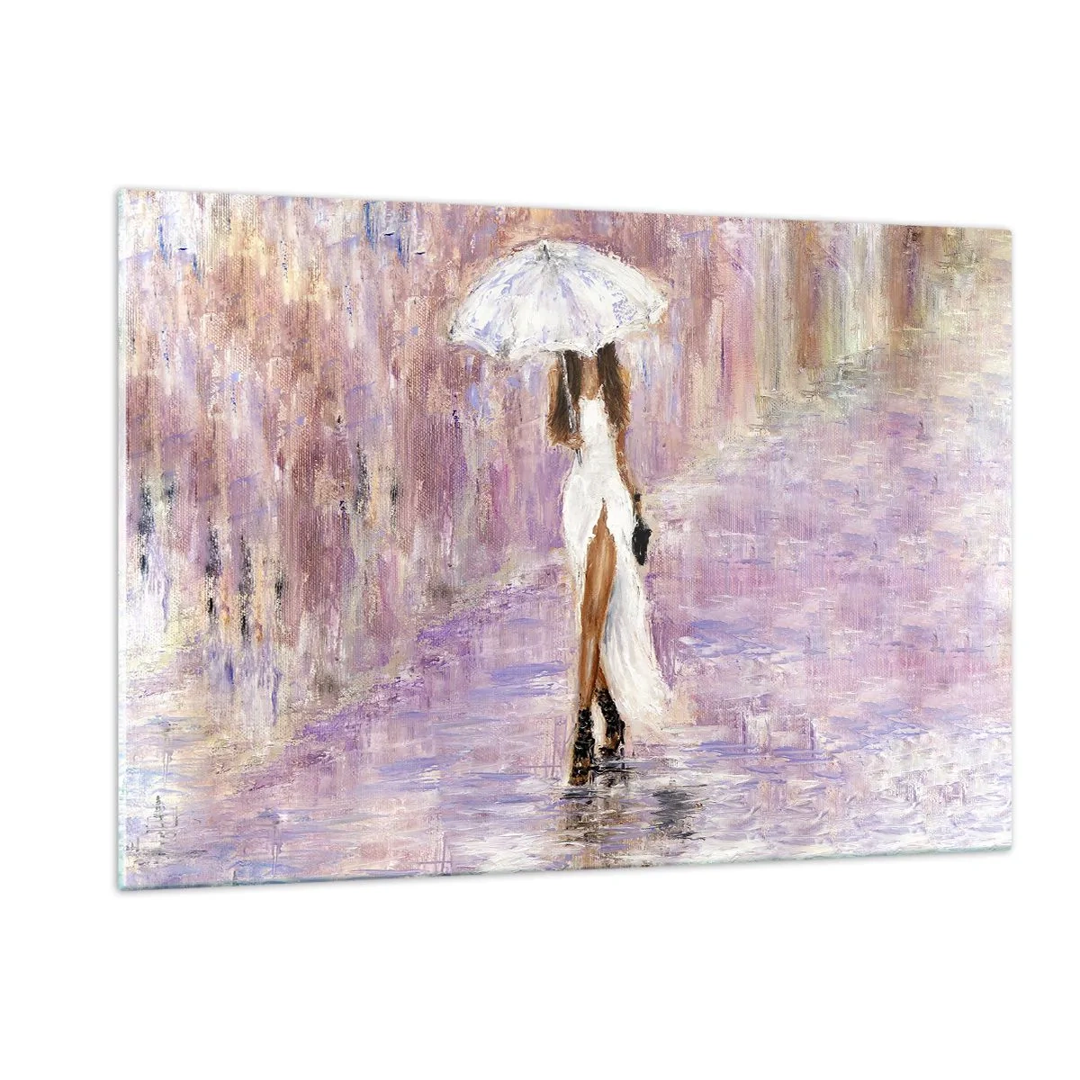 Impression sur verre - Image sur verre - Figure d'une femme avec un parapluie dans une scène de pluie lilas - 120x80cm - Sous la pluie lilas - Décoration murale moderne pour le salon et la chambre ARTTOR