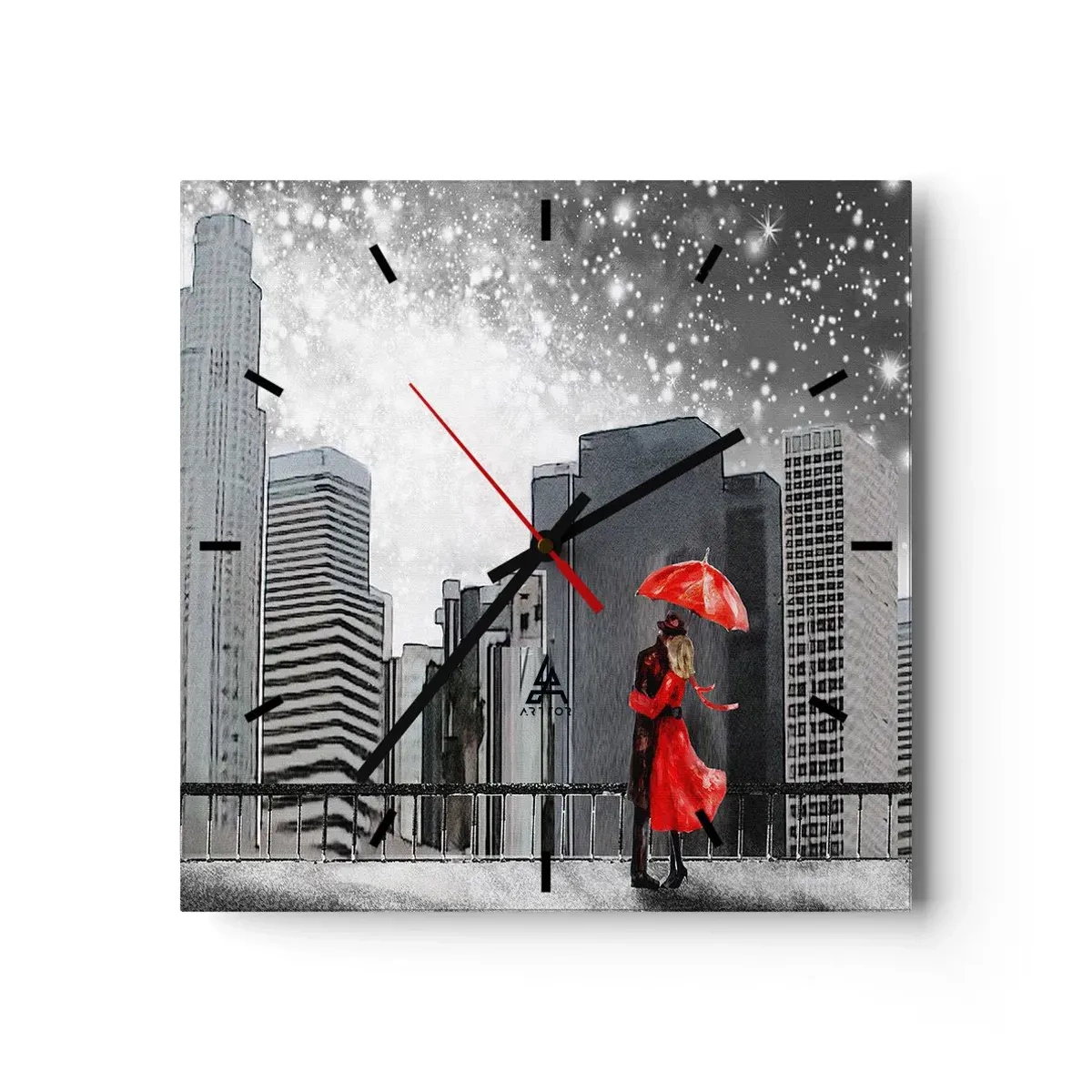 Horloge murale - Pendule murale - Un couple en rouge avec un parapluie sur fond de paysage urbain - 30x30cm - L'homme n'est pas une pierre - Décoration murale moderne pour le salon et la chambre ARTTOR