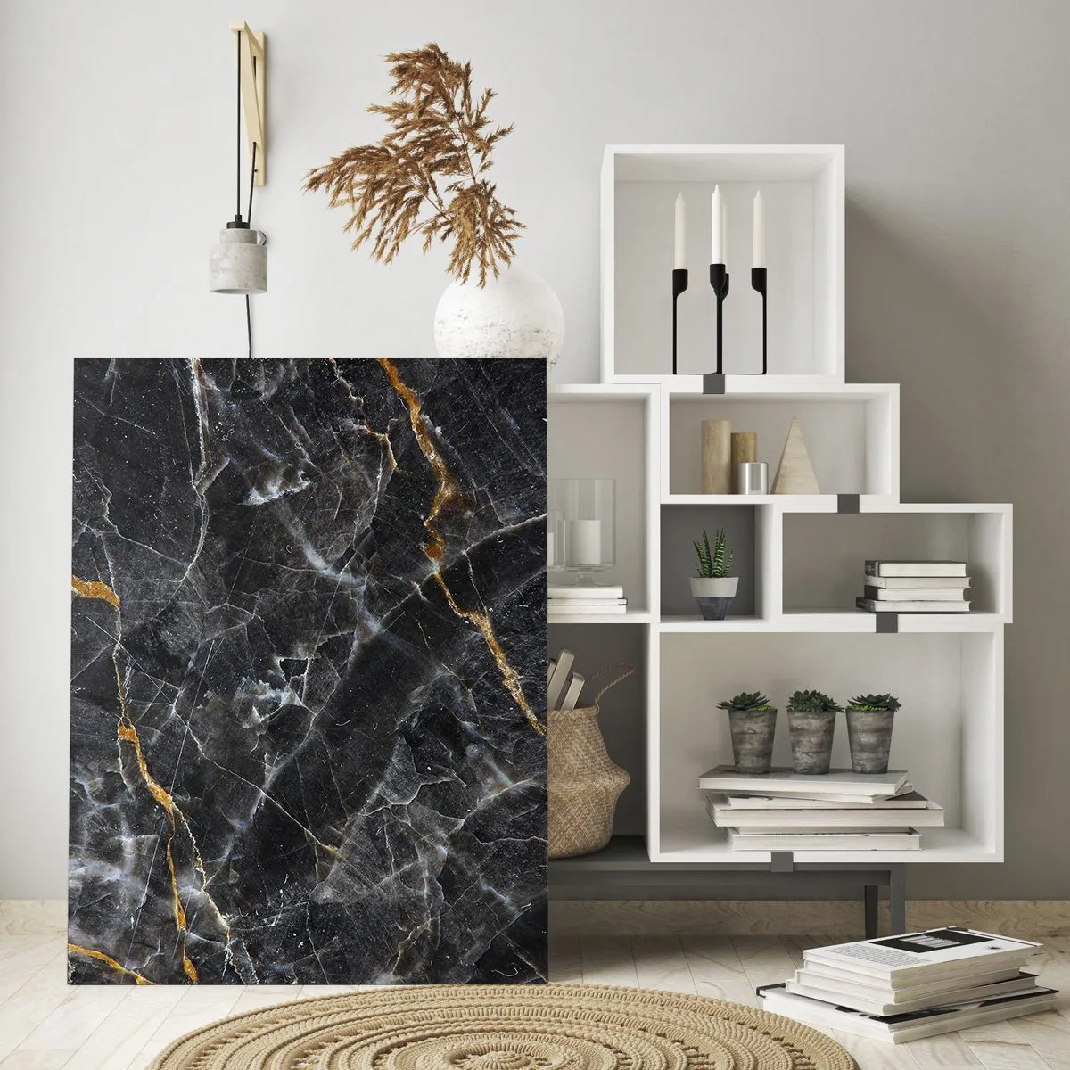 Impression sur verre - Image sur verre - Détails noirs et dorés de la surface en marbre - 80x120cm - La vie intérieure de la pierre - Décoration murale moderne pour le salon et la chambre ARTTOR