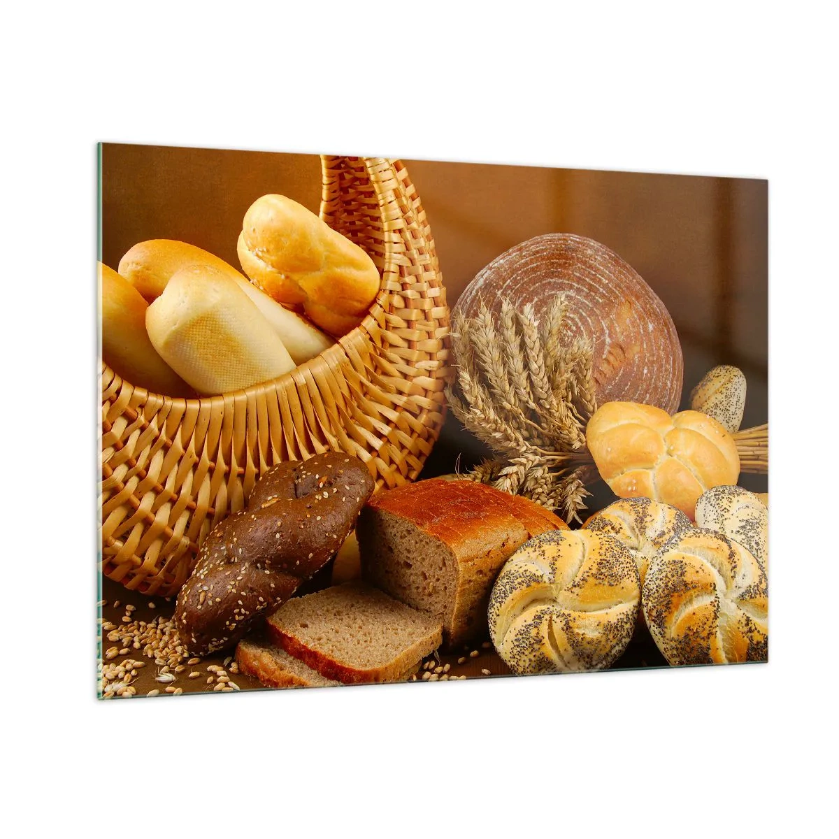 Impression sur verre - Image sur verre - Un panier de pain et de miches sur fond d'épis de céréales - 100x70cm - On s'en est encore sorti - Décoration murale moderne pour le salon et la chambre ARTTOR
