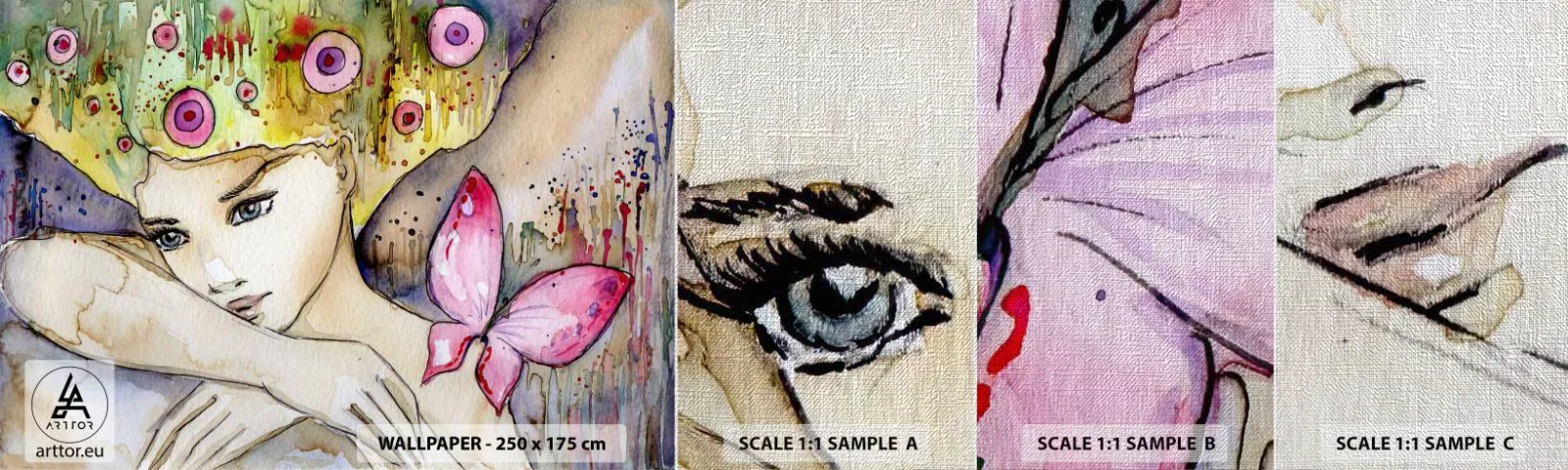 Échantillon de Papier Peint Premium Canvas - La princesse papillon - Abstraction, Femme, Aquarelles - 100x30 cm