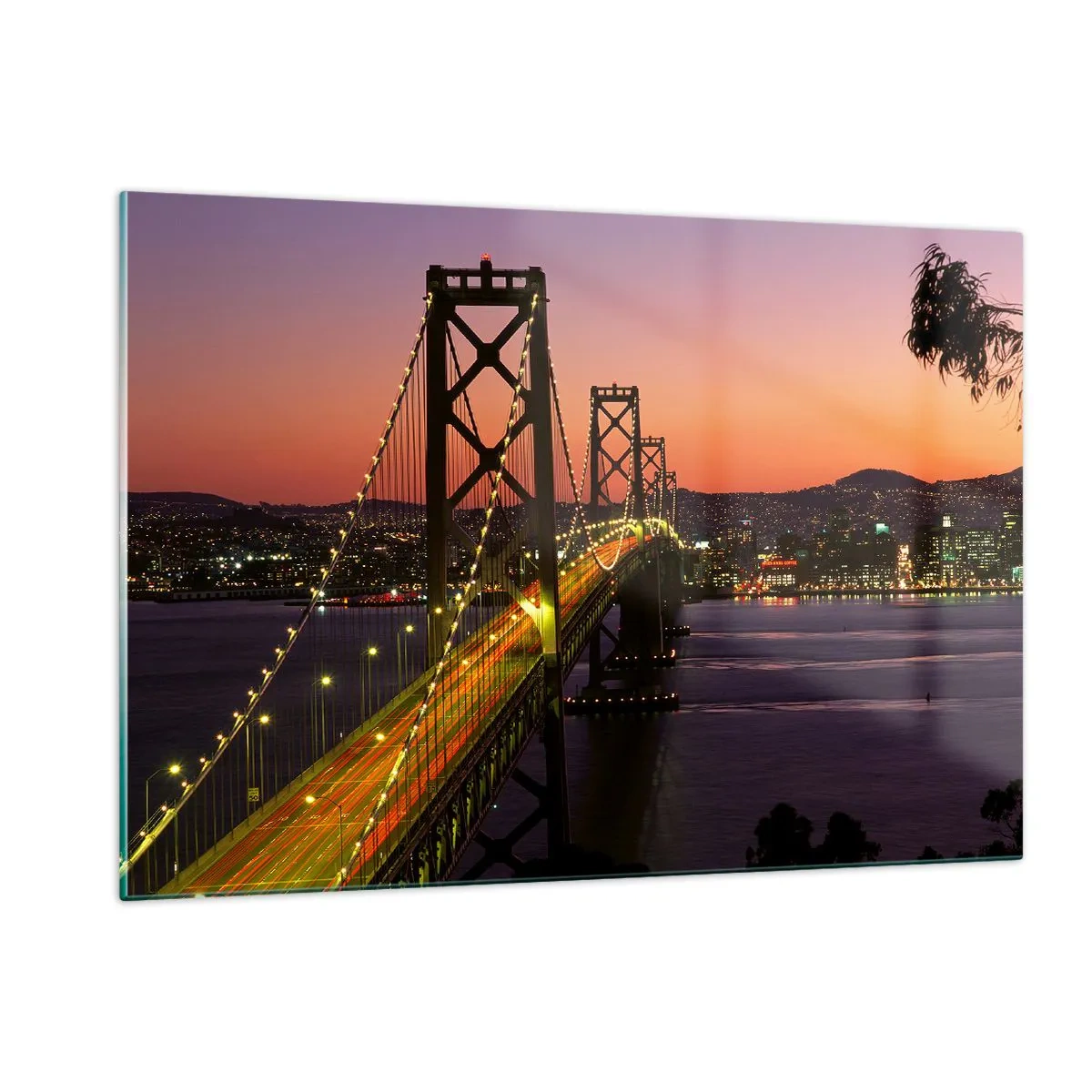 Impression sur verre - Image sur verre - Le pont la nuit dans la ville et la lumière du coucher du soleil - 120x80cm - Soirée violette - Décoration murale moderne pour le salon et la chambre ARTTOR