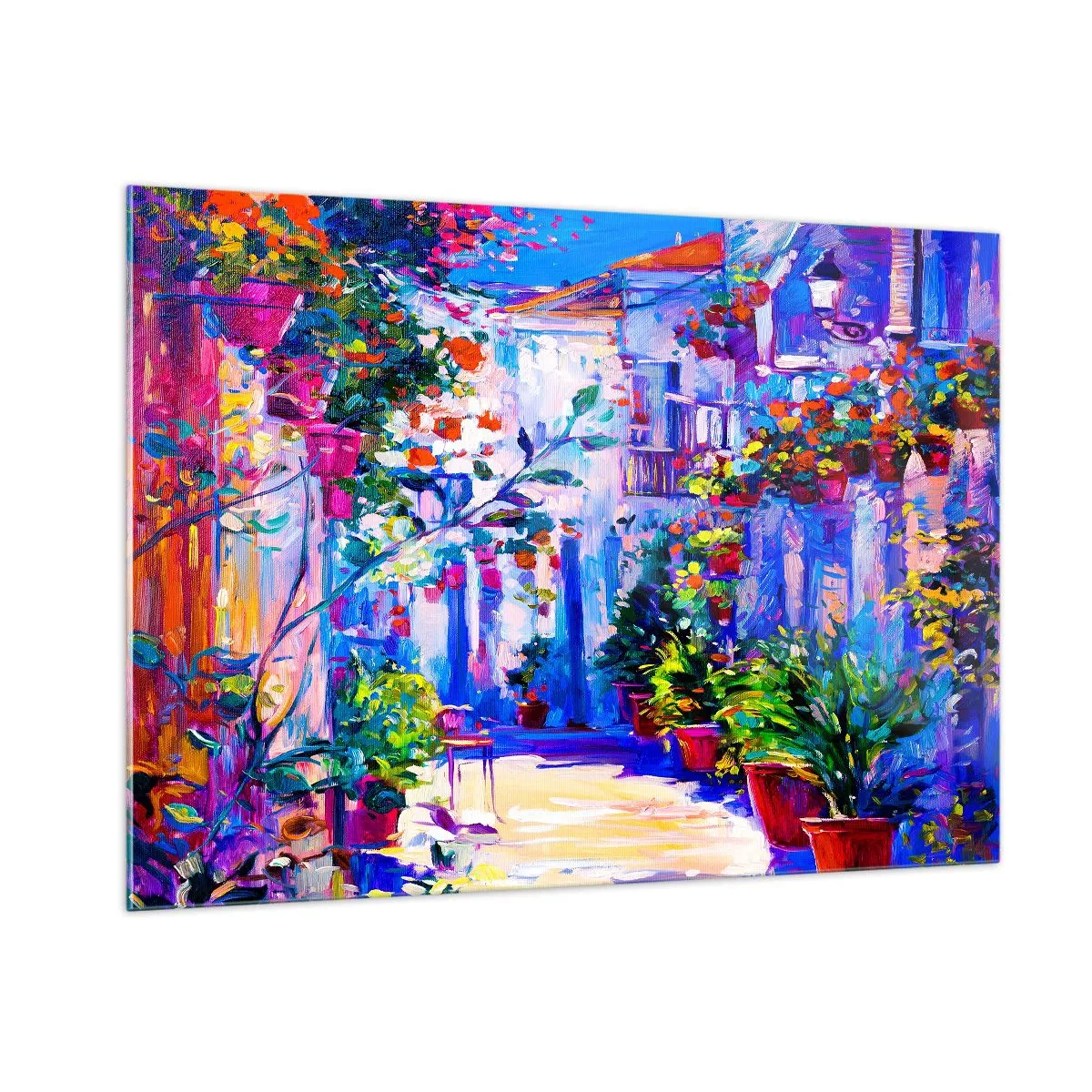Impression sur verre - Image sur verre - Une rue colorée avec des plantes fleuries et de la lumière - 100x70cm - Impression - une rue italienne - Décoration murale moderne pour le salon et la chambre ARTTOR