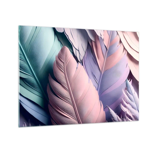 Impression sur verre - Image sur verre - Plumes pastel dans les tons de rose, violet et turquoise - 70x50cm - Oiseau chic - Décoration murale moderne pour le salon et la chambre ARTTOR