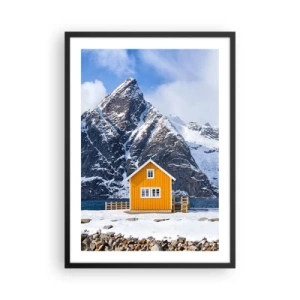 Affiche dans un cadre noir - Poster - Une maison jaune sur fond de montagnes enneigées - 50x70cm - Vacances scandinaves - Décoration murale moderne pour le salon et la chambre ARTTOR