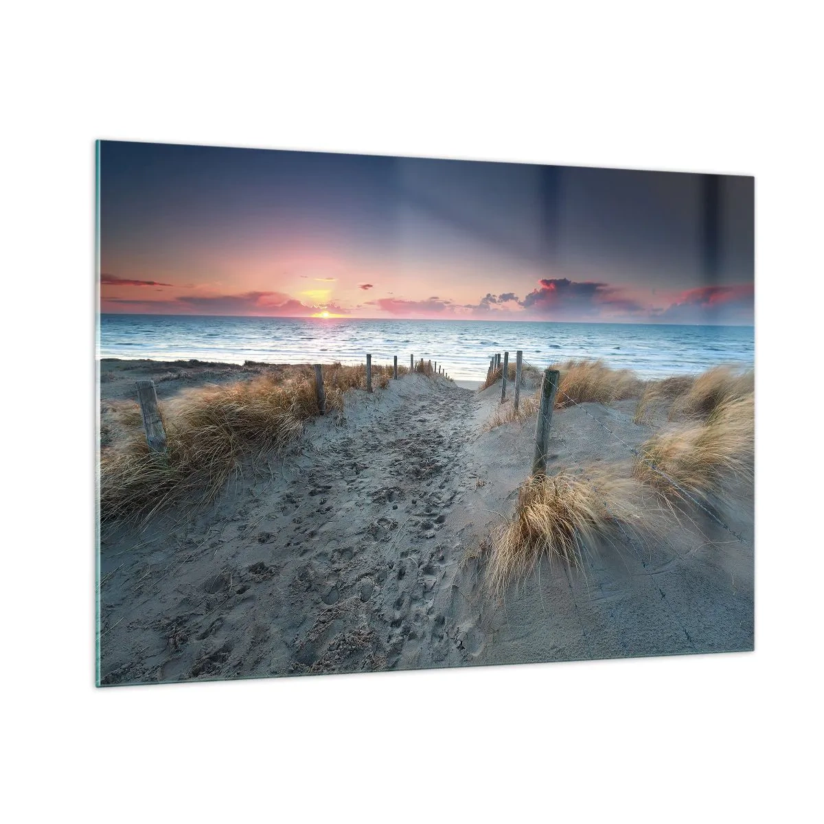 Impression sur verre - Image sur verre - Chemin à travers les dunes menant à la mer au coucher du soleil - 100x70cm - Tu as versé l'éclat de l'arc-en-ciel sur les flots - Décoration murale moderne pour le salon et la chambre ARTTOR