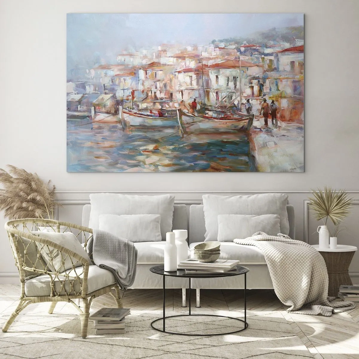 Impression sur verre - Image sur verre - Un port pittoresque avec des bateaux aux couleurs pastel - 70x50cm - Vacances pastelles - Décoration murale moderne pour le salon et la chambre ARTTOR