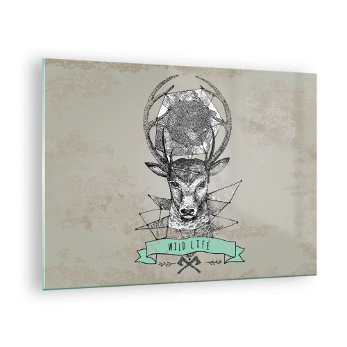 Impression sur verre - Image sur verre - Dessin géométrique d'un cerf avec l'inscription Wild Life - 70x50cm - Voir St. Hubertus - Décoration murale moderne pour le salon et la chambre ARTTOR