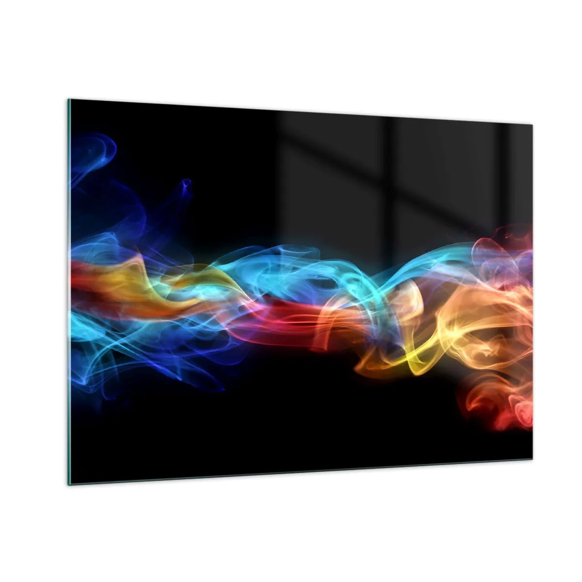 Impression sur verre - Image sur verre - Des traînées de fumée colorées sur un fond noir créant un motif abstrait - 100x70cm - Danse arc-en-ciel du brouillard - Décoration murale moderne pour le salon et la chambre ARTTOR