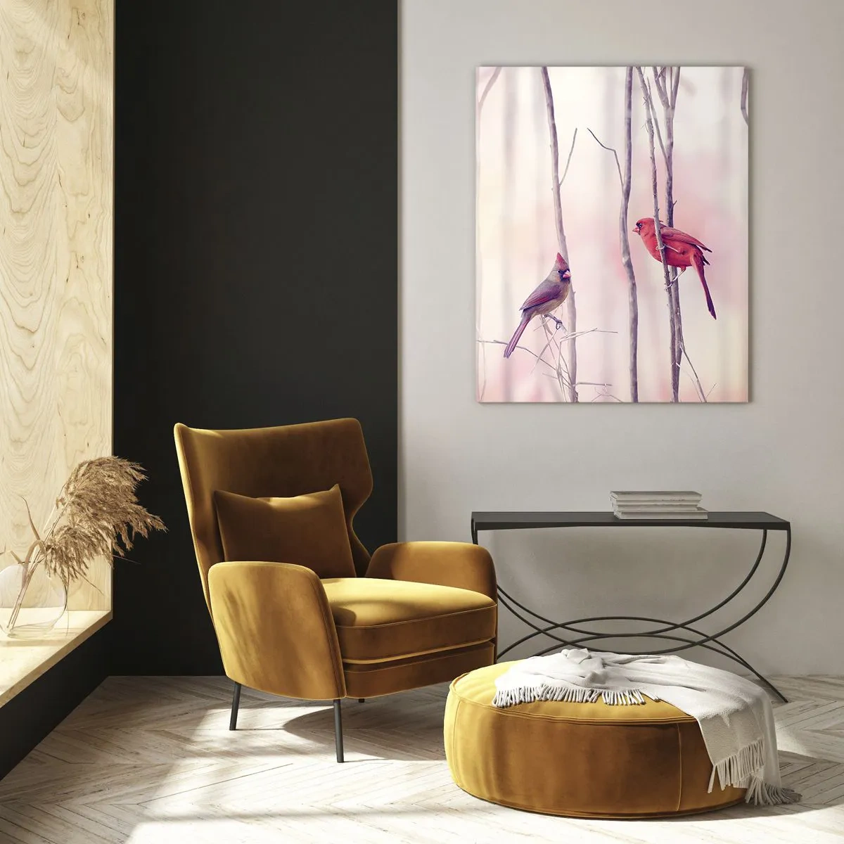 Impression sur verre - Image sur verre - Deux oiseaux parmi des brindilles délicates aux tons pastel - 50x70cm - Conte de la forêt rose - Décoration murale moderne pour le salon et la chambre ARTTOR