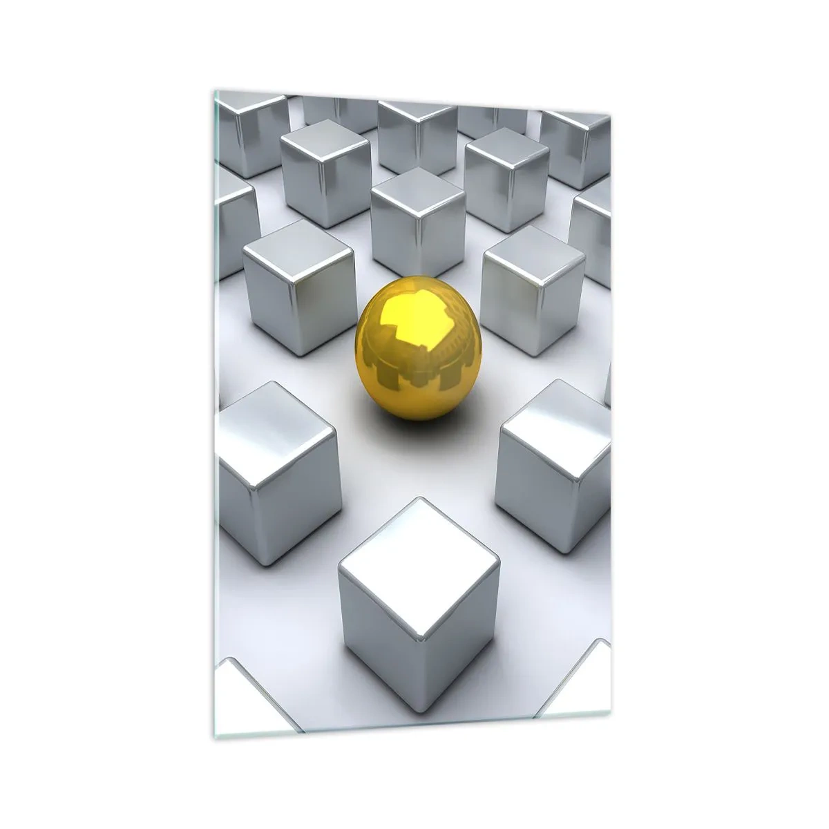 Impression sur verre - Image sur verre - Une sphère dorée se détachant parmi les cubes d'argent - 70x100cm - Pourquoi moi? Composition géométrique - Décoration murale moderne pour le salon et la chambre ARTTOR