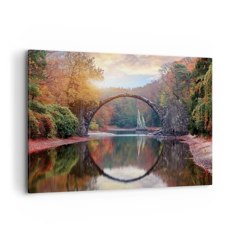 Impression sur toile - Image sur toile - Un pont de pierre dans un paysage d'automne sur une eau calme - 120x80cm - De l'autre cote du miroir - Décoration murale moderne pour le salon et la chambre ARTTOR