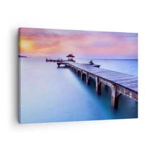 Impression sur toile - Image sur toile - Jetée en bois donnant sur l'eau au coucher du soleil - 70x50cm - Une mer de calme jusqu'à l'horizon - Décoration murale moderne pour le salon et la chambre ARTTOR