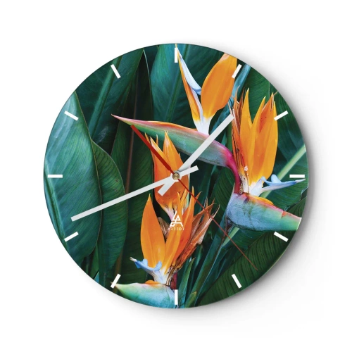 Horloge murale - Pendule murale - Fleurs de strelitzia exotiques sur fond de feuilles vertes - 30x30cm - Est-ce une fleur, est-ce un oiseaux? - Décoration murale moderne pour le salon, la cuisine et la chambre ARTTOR