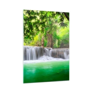 Impression sur verre - Image sur verre - Une cascade dans une forêt tropicale avec une eau cristalline - 50x70cm - Une cascade de vert - Décoration murale moderne pour le salon et la chambre ARTTOR