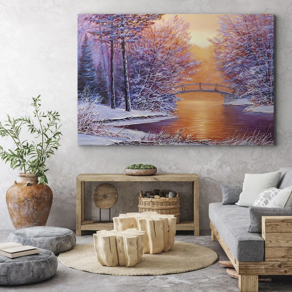 Impression sur toile - Image sur toile - Paysage d'hiver avec un pont et un coucher de soleil - 100x70cm - On se rencontre ici - Décoration murale moderne pour le salon et la chambre ARTTOR