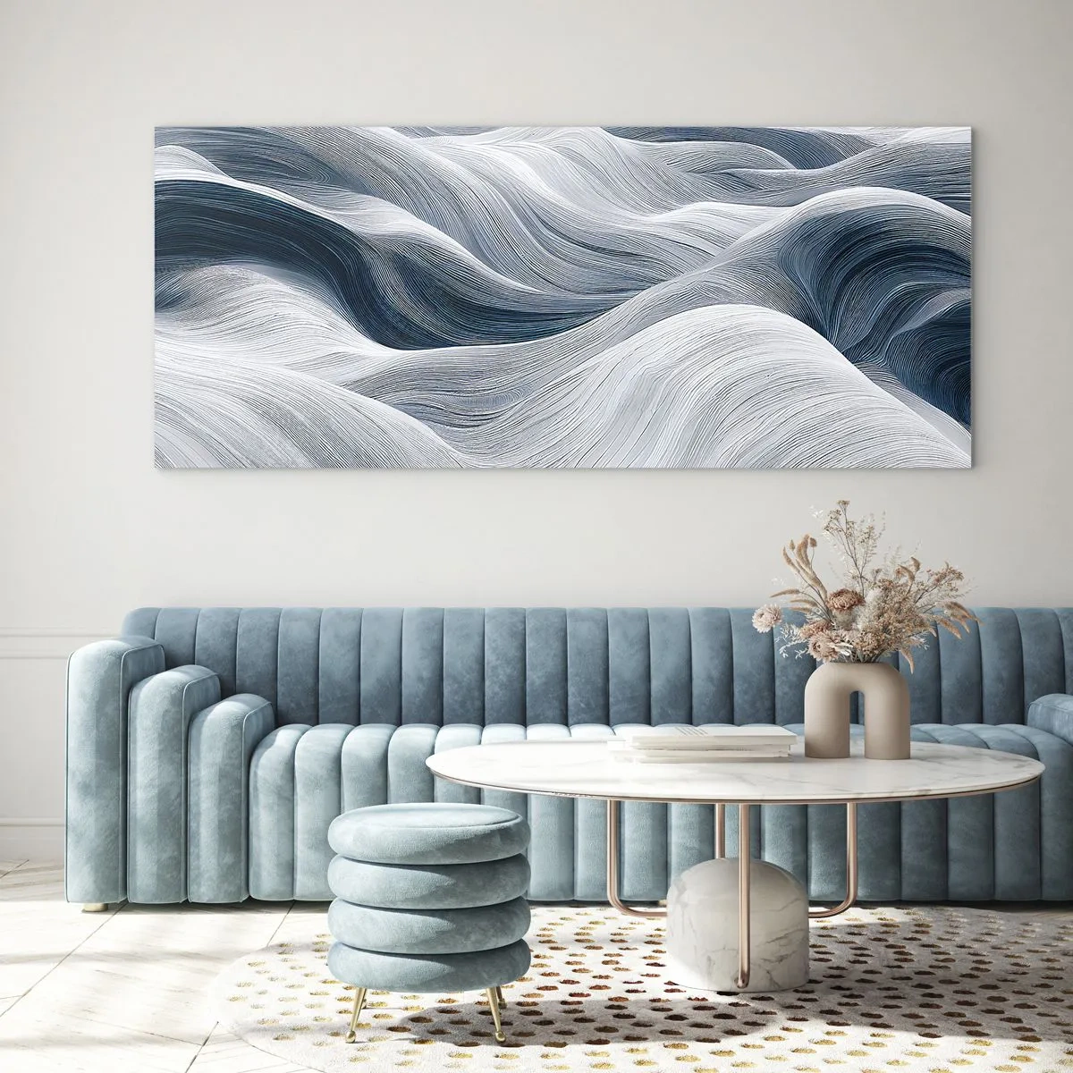 Impression sur verre - Image sur verre - Lignes ondulées dans des tons de bleu et de blanc - 120x50cm - Vagues blanches et bleues - Décoration murale moderne pour le salon et la chambre ARTTOR