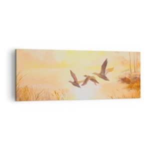 Impression sur toile - Image sur toile - Canards volant au lever du soleil au-dessus du lac - 140x50cm - Le début d'un long voyage - Décoration murale moderne pour le salon et la chambre ARTTOR