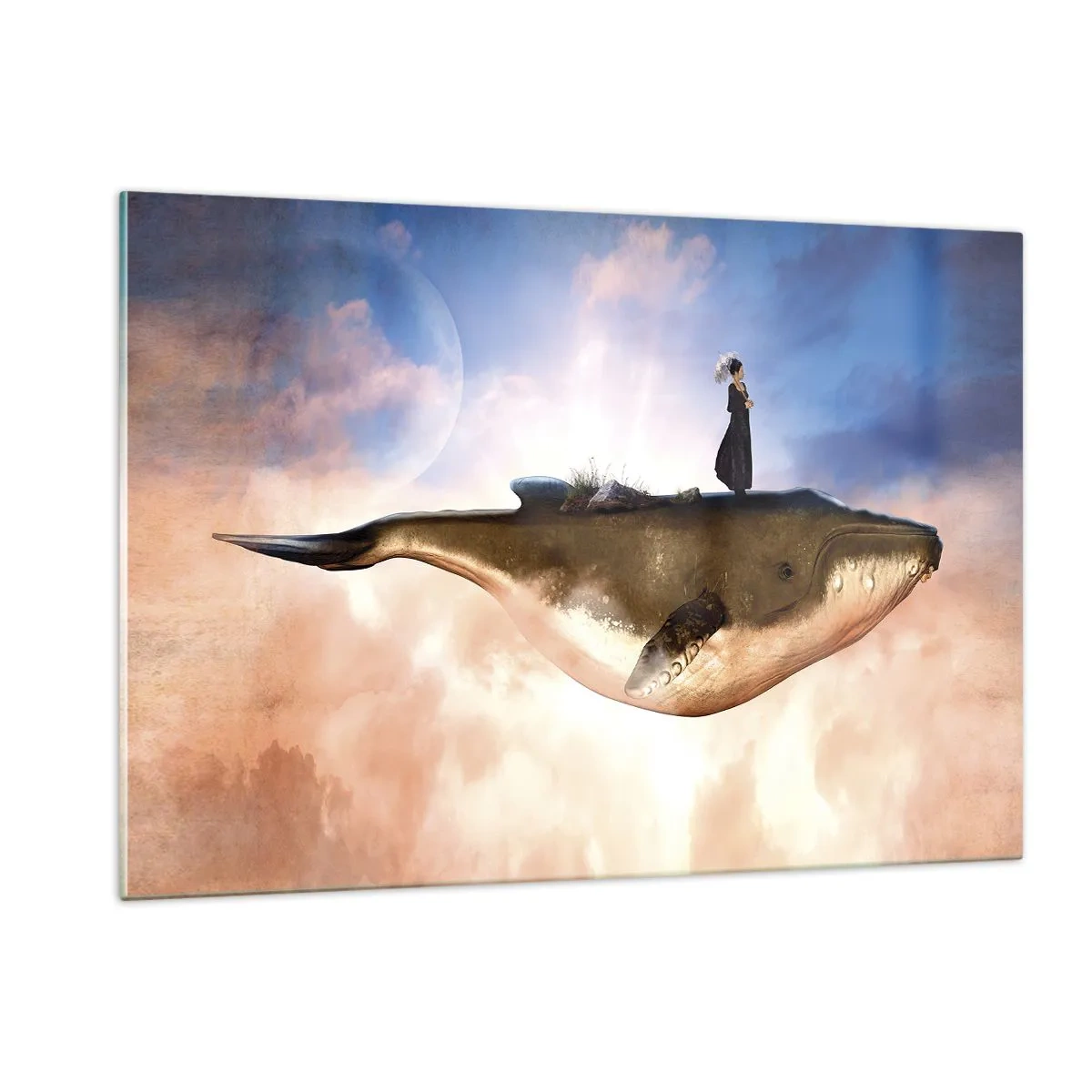 Impression sur verre - Image sur verre - Une baleine fantastique flottant dans les nuages avec une femme sur le dos. - 120x80cm - Voyage irréel - Décoration murale moderne pour le salon et la chambre ARTTOR
