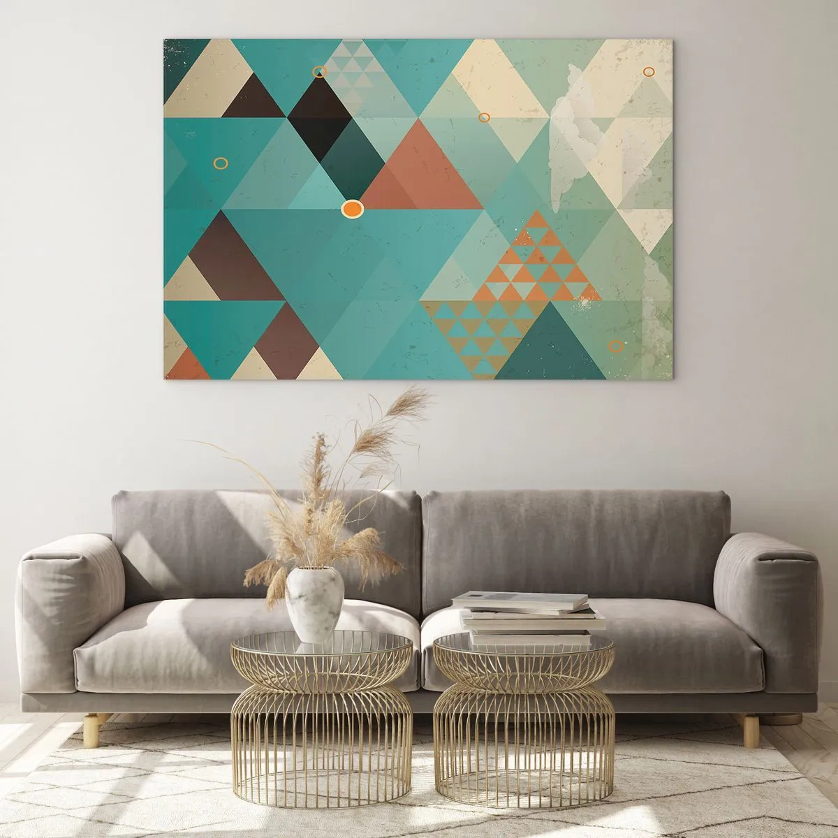 Impression sur verre - Image sur verre - Géométrie dans les tons turquoise et marron avec des triangles - 120x80cm - Unité de la multiplicité, multiplicité de l'unité - Décoration murale moderne pour le salon et la chambre ARTTOR