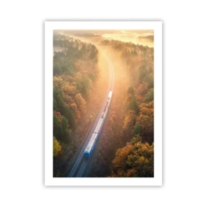 Affiche - Poster - Un train traversant une forêt d'automne sous les rayons du soleil levant - 50x70cm - Voyage printannier - Décoration murale moderne pour le salon et la chambre ARTTOR