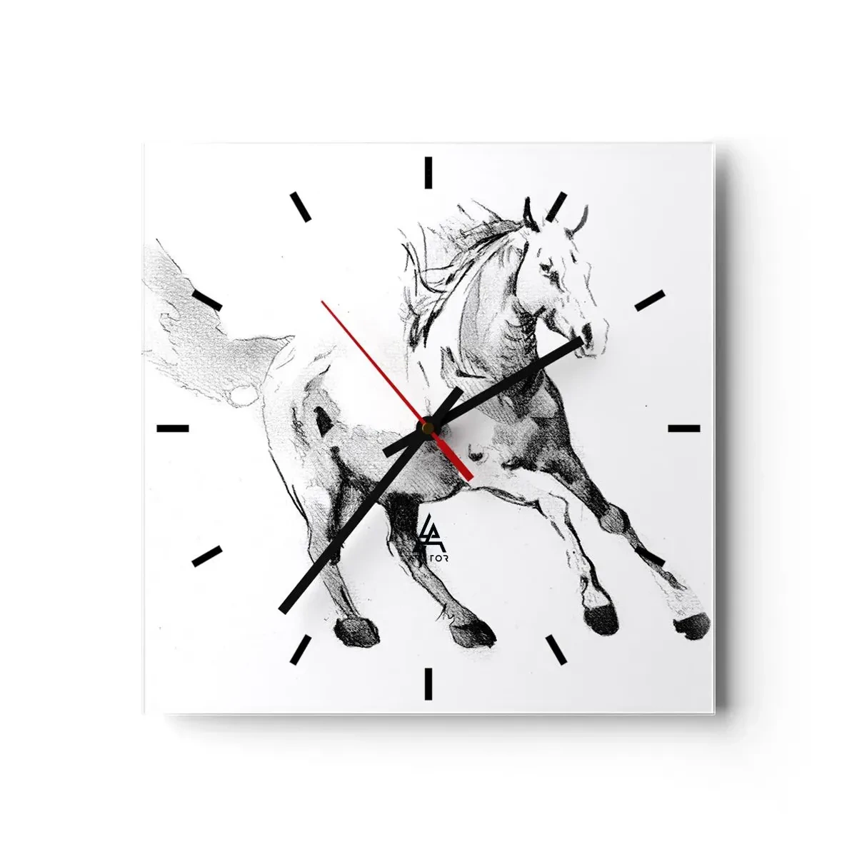 Horloge murale - Pendule murale - Croquis d'un cheval au galop dans des tons de noir et blanc - 30x30cm - Âme indomptée - Décoration murale moderne pour le salon et la chambre ARTTOR